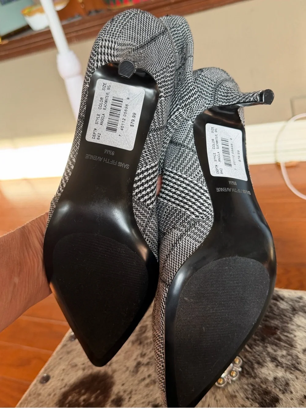 Saks Fifth Avenue Black & White Plaid Angola Pointed-Toe Booties NWT
